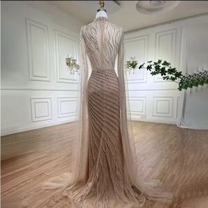 Emblished dress cape sleeves lace beaded evening dresses gowns